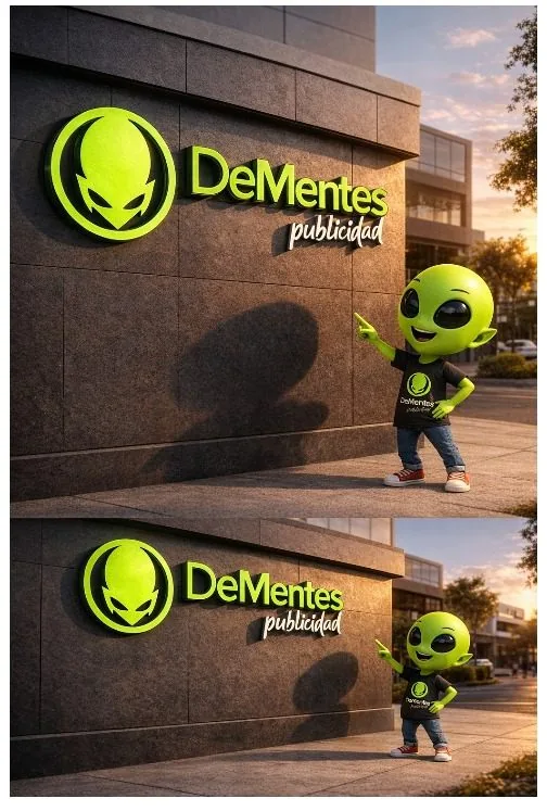 Mascota Mentito señalando el logo de Dementes Publicidad