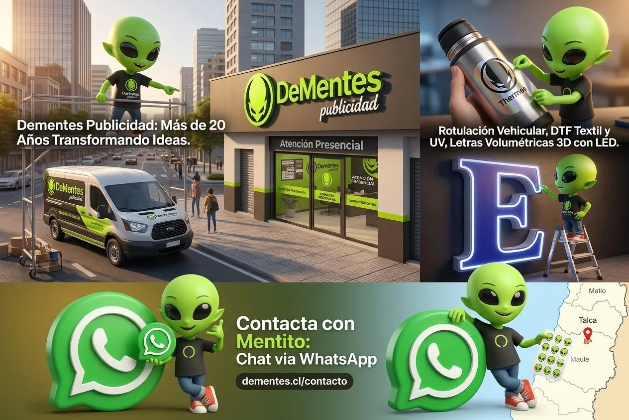 Collage de proyectos y mascota Mentito de Dementes Publicidad